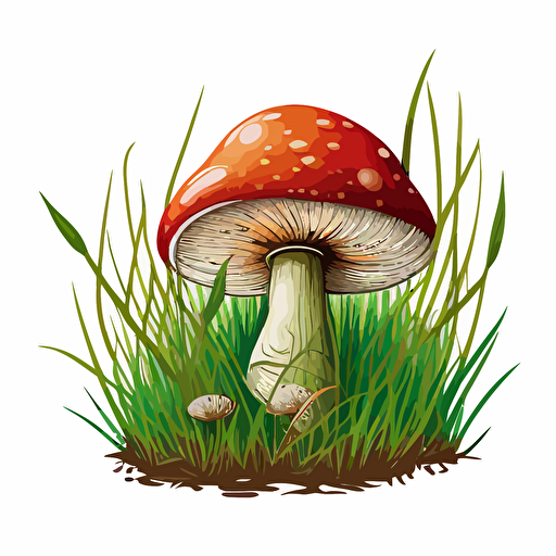 handdrawn mushroom in grass, vector art, morandi colours, isolated white background
