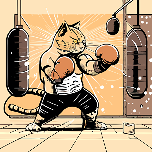 The cat is boxing in the fitness gym. Illustration in vector, clear tones.