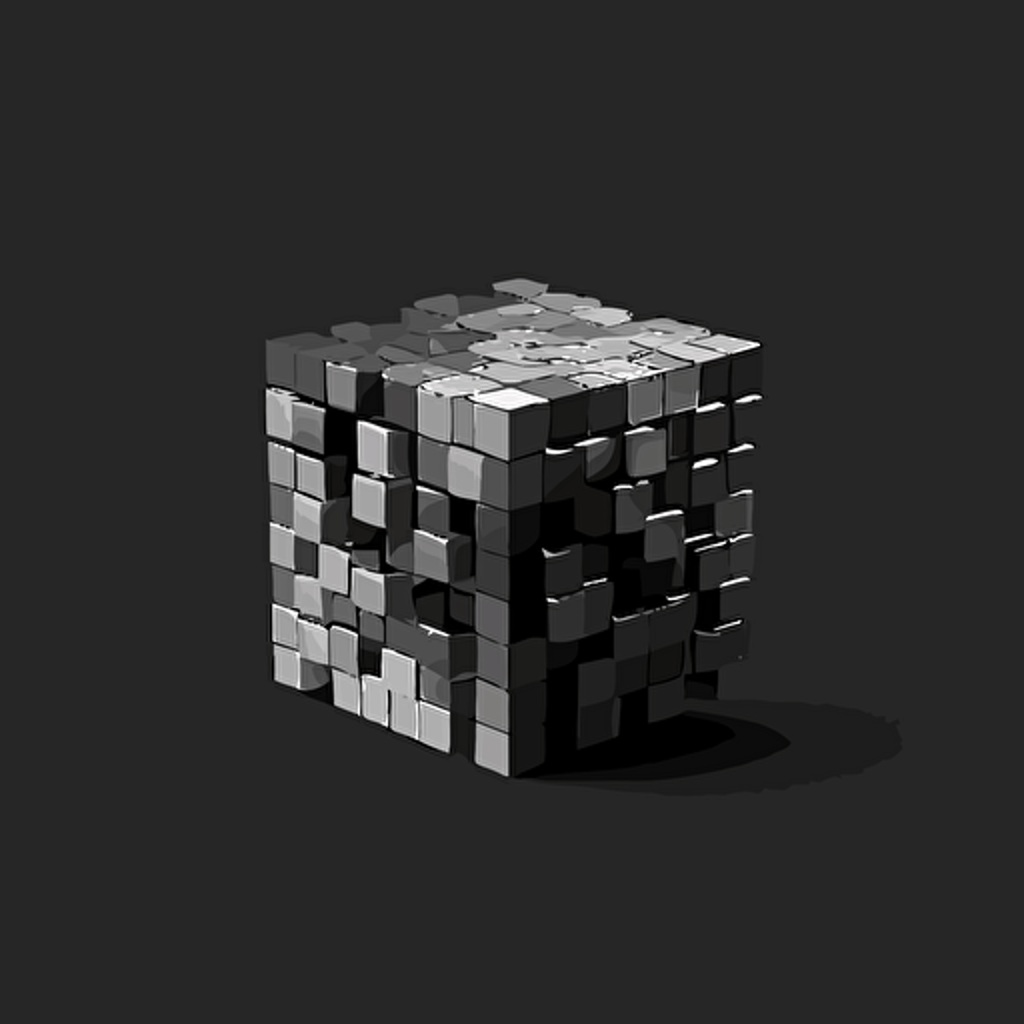 simple logo, minimalist, 9 cube vectorized, gray and black colors on the exterior print layer , delicacy, interlayer of small colored cubes inside, with different shades, black background