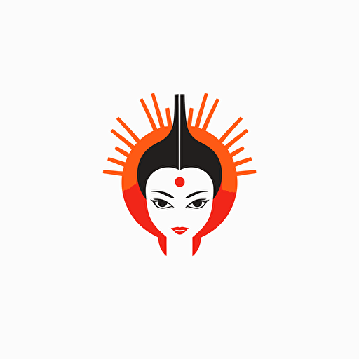 clean vector logo by Paul Rand, front face view of friendly robotic female AI with hair of fire, flat, minimal, modern, 2 colors, white background