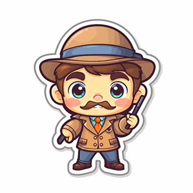 Sticker, Happy Colorful detective, brown hair, hazel eyes, short stubbled beard and mustache, kawaii, contour, vector, white background