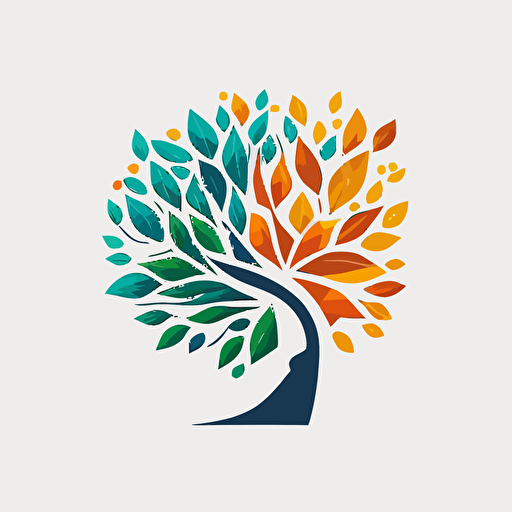 Flat simple vector Logo for therapist, memorable, inner child growing like a tree, reaching up, 2023 behance dribble style, white background, tree has 5 branches, each branch adorned with leaves in a different shape and color, v 5 q 2