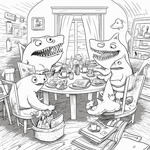 Sharks family: daddy shark, mummy shark, 2 little boys sharks. Morning breakfast. All of them sit around the table, eating sandwiches, drinking tea. Daddy shark reads a newspaper. , Hand-Drawn, Pencil Art, pixar style, simple outline and shapes, coloring page black and white comic book flat vector