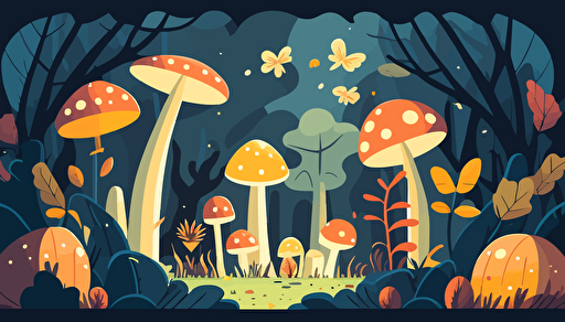 background image for a 2D game of a mushroom forest, in flat vector design style, inspired by backgrounds from Nintendo games like Super Mario,