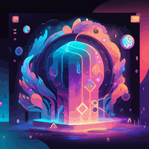 "In the bustling center of a digital exchange, a resplendent digital hologram stands tall, adorned with unique patterns and colors, surrounded by a fluid aura protecting ownership and security, with digits and symbols interwoven into a rotating nebula, symbolizing the vibrancy of NFTs in the world of blockchain transactions. Flat illustration, UI illustration, GUI, Minimalism, dark background, vector, trending on Dribbble, Pinterest."