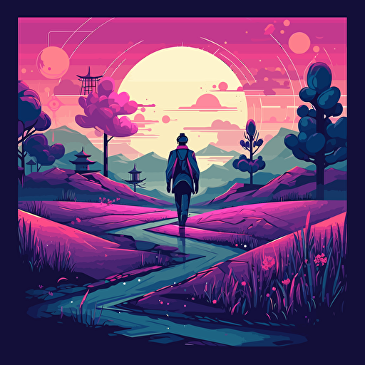 a colorful logo from destiny 2 and ghost of tsushima game landscape image consisting of pink, purple, white and light blue, flat planes of grassy fields, peaceful, colorful, dark souls asthetics and vibe,minimalist, flat design, vector,