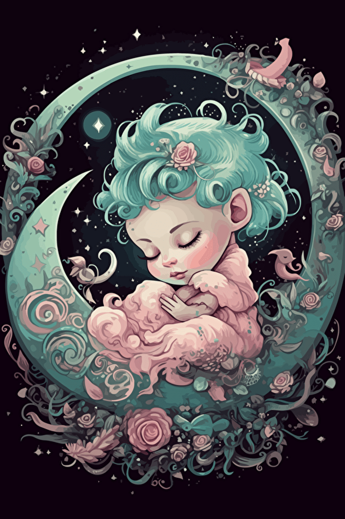 baby sleeps on crescent moon, pastel style vector Nadja Baxter Anne Stokes Nancy Noel Tara McPherson Kenny Scharf