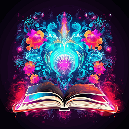 an open book, surrounded by elegant magical motifs, 2d vector, neon colours, epic composition, vector design on the edges of the image