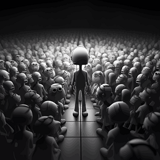 Stand up comedy show. Point of view from the presenter behind microphone. Audience are humanoid animals. Black and white, dark, moody, vector, unreal engine, ultra detailed