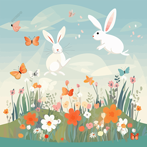 rabbits in a field of flowers. Butterflies in the air and birds in the sky. Vector illustration