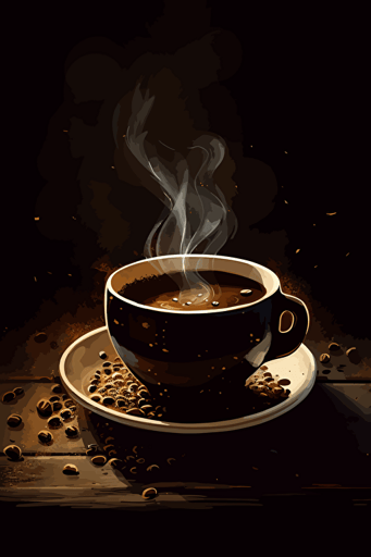 vector art, steaming coffee, coffee beans, dark table,