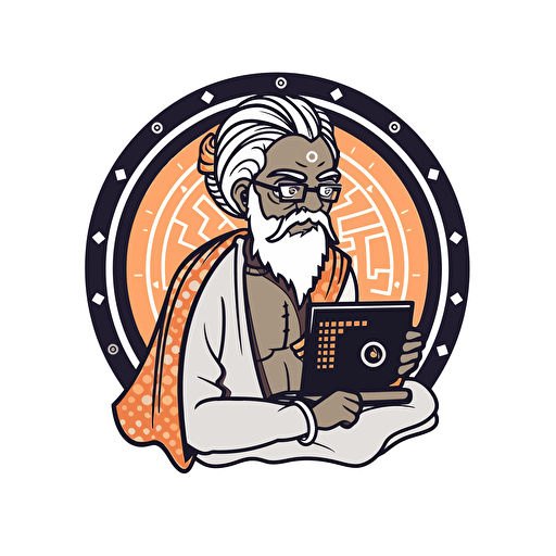 A ancient Indian Philosopher thinking pose watching a computer connected to an AI machine, futuristic, ronded vector logo, white background