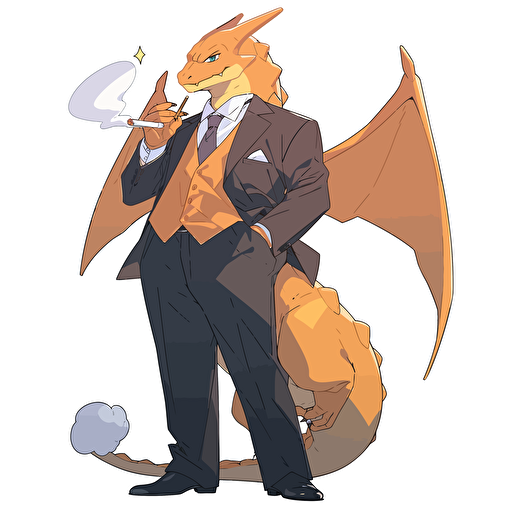 charizard wearing a suit, smoking a cigar, do not show lower body vector art, 2d, white background