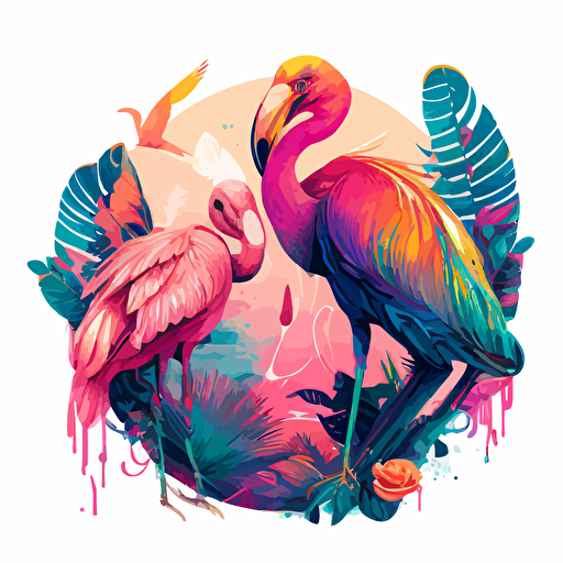 vector illustration of two different birds species talking to each other::toucan:: flamingo ::colorful, vaporwave colors, no background color