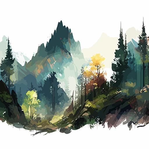 panoramic view, mountainous area, covered in primal forests, fantasy landscape, detailed, vector art, watercolors