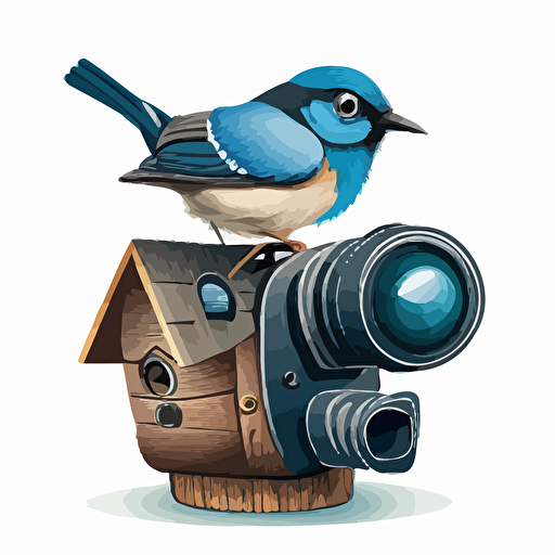 a very large birdhouse that looks like a DSLR with a long lens, a very cute apus apus perched on the lens, vector image, simple, three color, blue, black, white