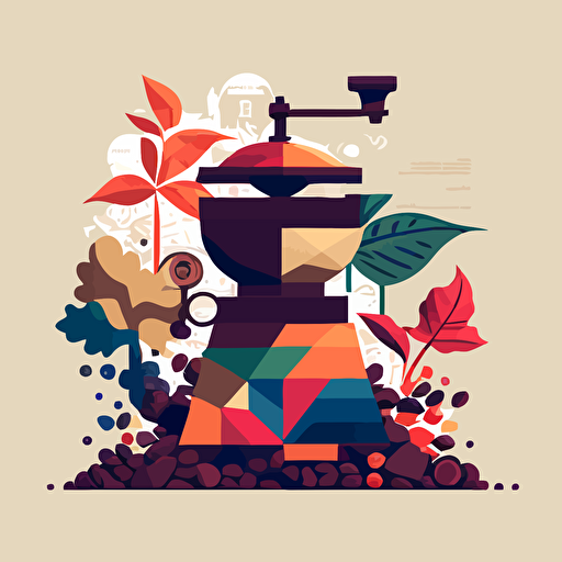 coffee growing illustration, coffee bean, grinder, grower, 2d vectors, geometric, colors inspired by Colombia and coffee culture, coffee growing