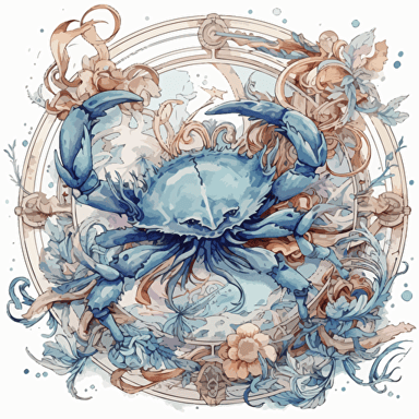 Whimsical Victorian Rococo zodiac cancer, detailed, cartoon style, 2d watercolor clipart vector, creative and imaginative, hd, white background