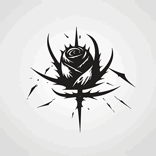 simple minimal icon, single color, 2d vector art, rose thorns, sharp blades, occult, black on white paper