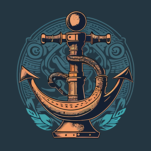 emblem for boathookah featuring a hookah pipe with an anchor as the base and the hookah pipe wrapped around it, vector simple minimal