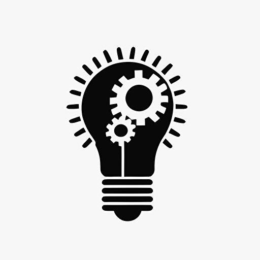 minimalist, modern iconic logo of a lightbulb with gear or cogs, black vector, on white background