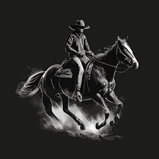 cowboy riding horse black and white vector illustration on black background