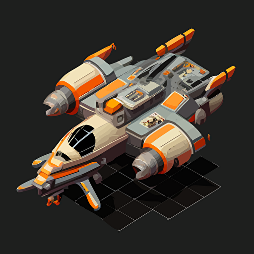 heavy duty space ship, vector, simple, top down, isometric, orange and grey, black background