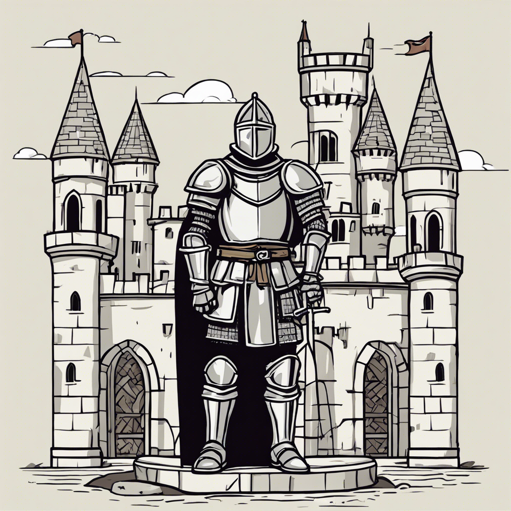 A knight standing in front of a castle., illustration in the style of Matt Blease, illustration, flat, simple, vector