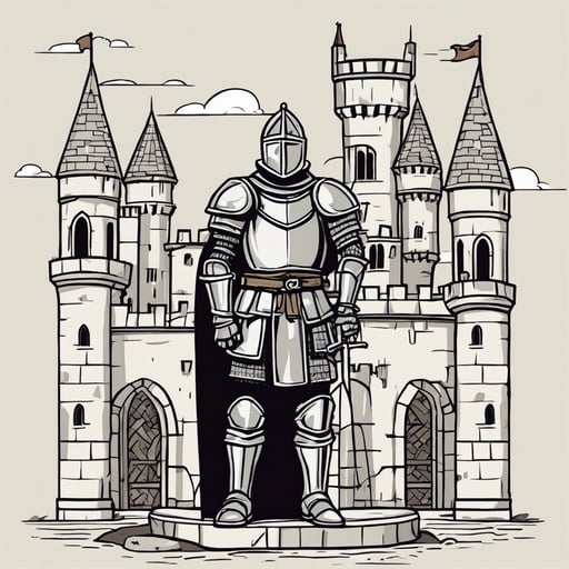 A knight standing in front of a castle.