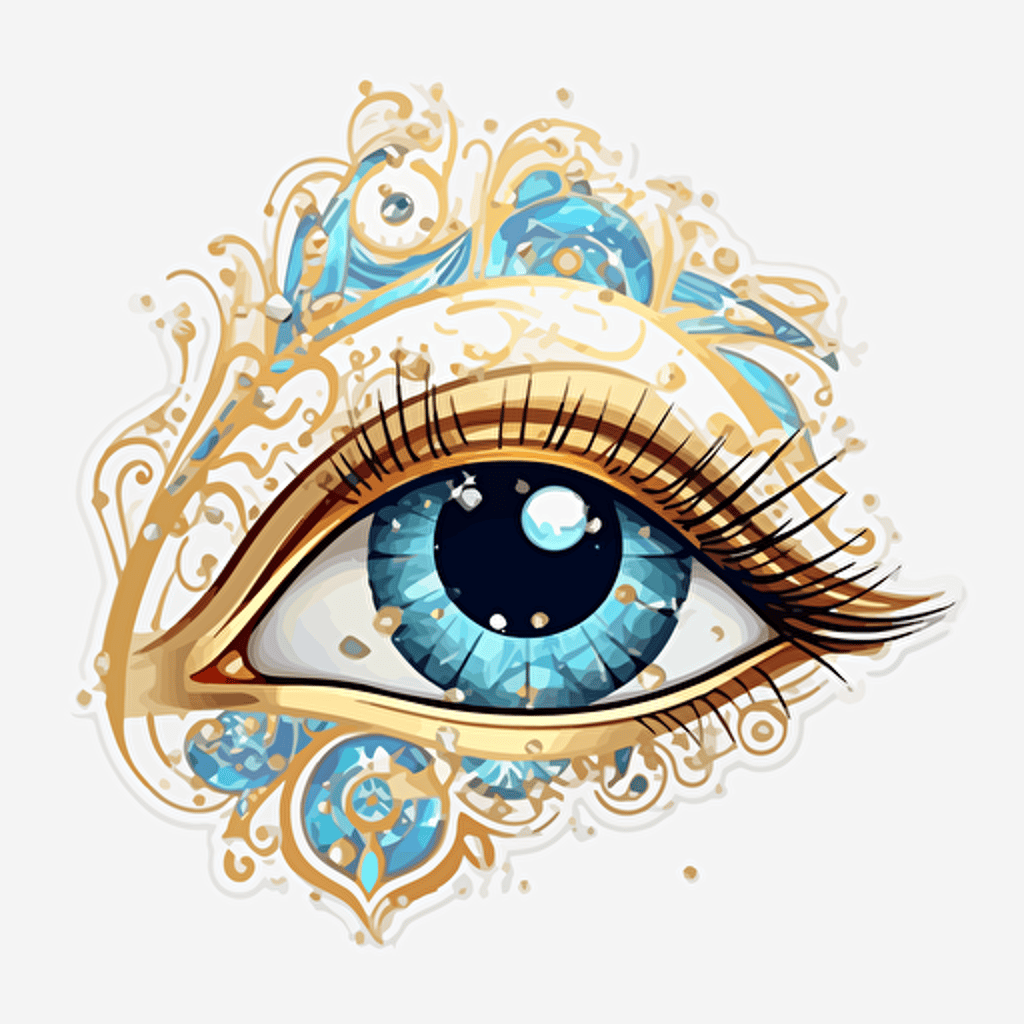 stickers, eye of horus, in the style of rococo whimsy, light blue and light gold, pop inspo, water paint drops, blink-and-you-miss-it detail, florence harrison, sparklecore, transparent background, 8 pieces per photo, vector