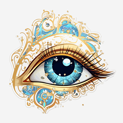 stickers, eye of horus, in the style of rococo whimsy, light blue and light gold, pop inspo, water paint drops, blink-and-you-miss-it detail, florence harrison, sparklecore, transparent background, 8 pieces per photo, vector