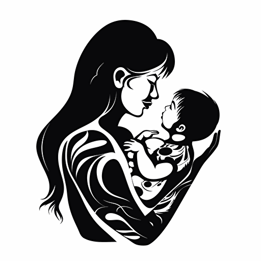 a stunning caucasian mother and her baby, the mother is nursing the baby in her arms closely against her large pectorals, black and white vector with strong contrast on a solid white background