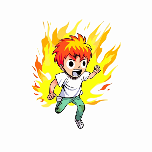 Vector illustration of a little boy running and screaming, fire, bright colors, manga, minimalistic, solid white background, final fantaisy, kiss cut sticker