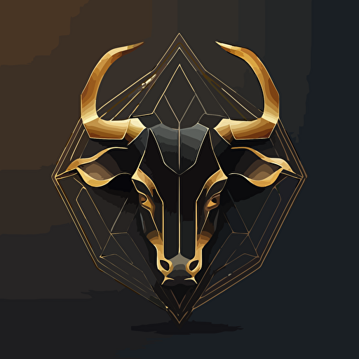 Black bull face silhouette, in a golden hexagon, and a minimalist crown above the hexagon, vector.