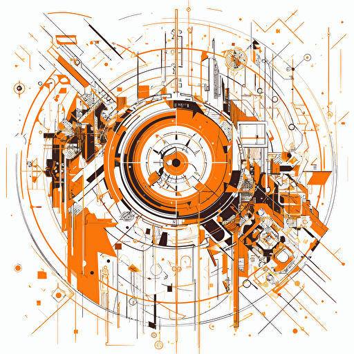 2D vector Time in geometry cyberpunk style. Colors: orange & white background