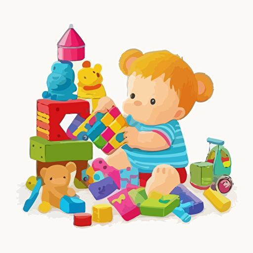 cute baby playing with toys, vector image, white background