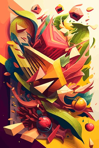 mango and hops explosion, inferno, cubist painting, Neo-Cubism, layered overlapping geometry, art deco painting, Dribbble, geometric fauvism, layered geometric vector art, maximalism; V-Ray, Unreal Engine 5, angular oil painting, DeviantArt