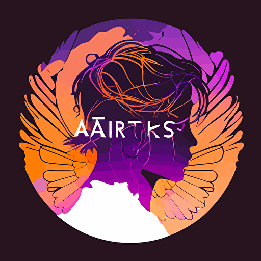 logo for young digital artist Artariyes in takeshi Murakami style, no faces, vector, wings in circle, gradient purple orange