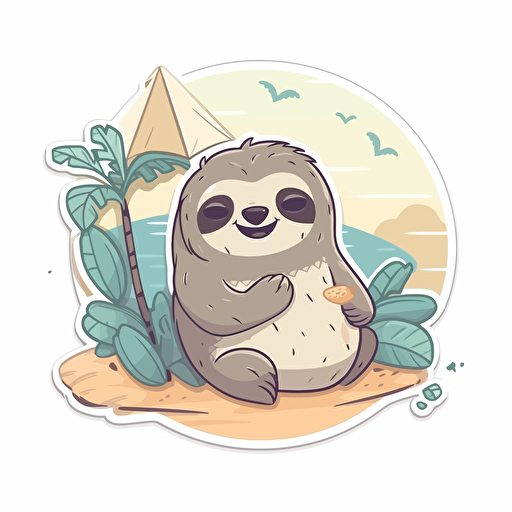 a cute summer sticker showing a sloth on the beach, childish monochromatic vector in white background