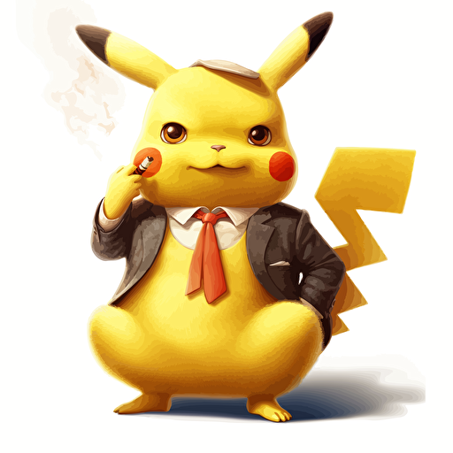 pikachu in a business suit, smoking a big cigar, vector art, 2d, white background