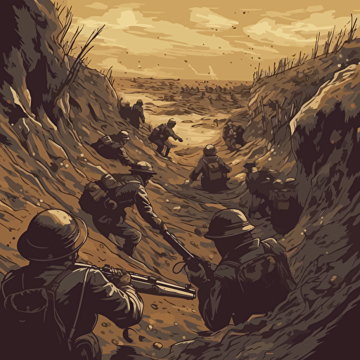 battle landscape , world war I , looking down , holding their guns with bayonette, in the trenches with helmets, 16:9 format, illustration vectorial style, limited color palette, view from above