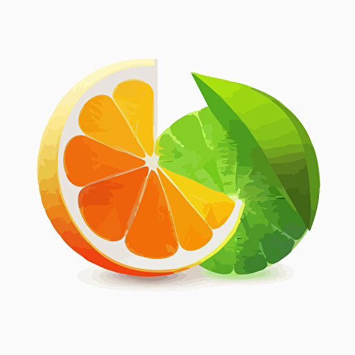 2d illustration of minimalist, orange fruit, half of a green lime in front, 2d, clean, illustration, vector, white background, cartoon