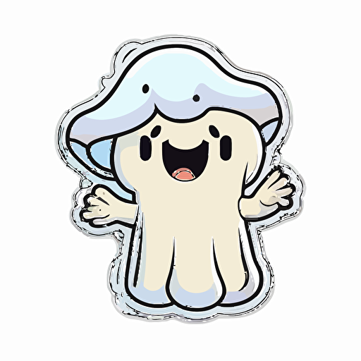sticker, Happy ghost holding a mushroom, kawaii, contour, vector, white background