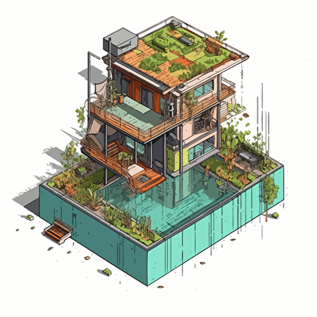 vector, ecopunk, building with a pool