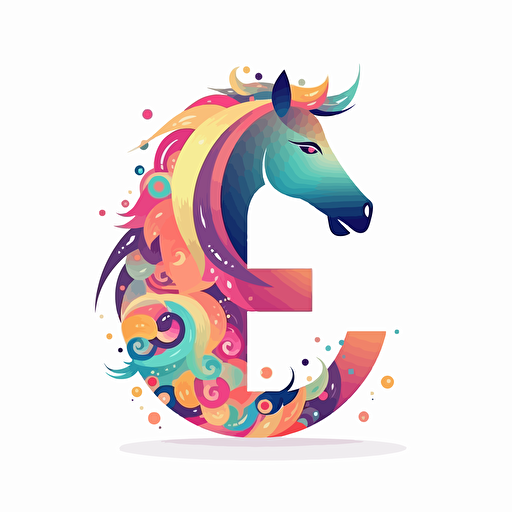 The letter "e" made from simple logo, with unicorn, vector style, cartoon, mandalacolor,white background,2d