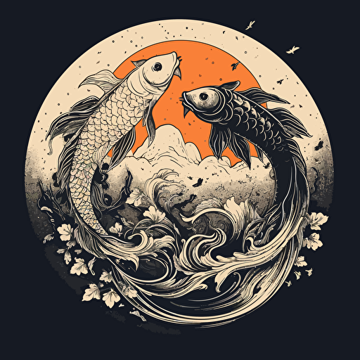 ying yang, fish and bird, fantasy, vector design, minimalistic,
