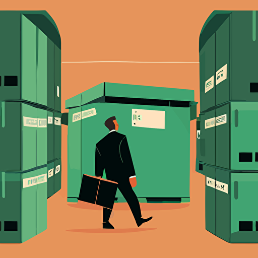 detailed flat vector illustration of a man carrying a large black box inside a warehouse store setting. Large black boxes, small green label, no brown cardboard