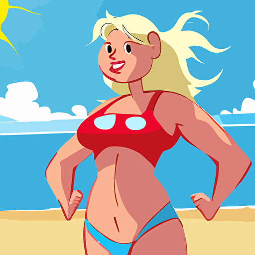 pig, female, baywatch, blonde hair, fun, playful, cartoon, super cute, beach, 2d, vector, flat