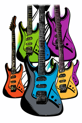 single full size electric guitar, vector art, black outline, 3 colors colors,