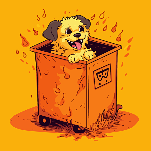 codebase dumpster fire cartoon "this is fine dog" vibrant colors vector illustration